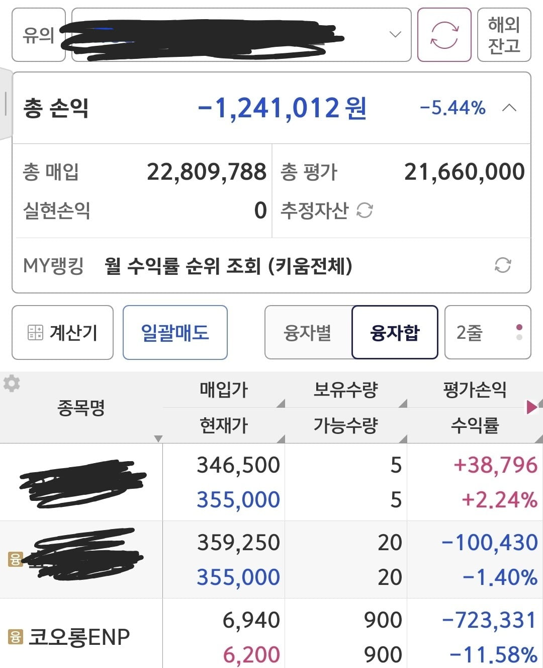 신용대출로 코오롱ENP에 투자한 30대 직장인 주식 계좌 잔고 캡처. 한국경제신문 독자 제공