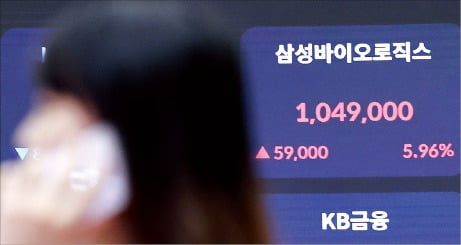 지난 19일 서울 여의도 한국거래소 전광판에 100만원을 돌파한 삼성바이오로직스 종가가 표시돼 있다. /뉴스1 